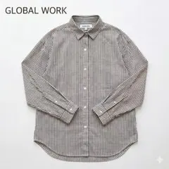 グローバルワーク　ストライプ レギュラーカラー長袖シャツ M ブラウン×ホワイト