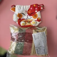 Curvesカーブス3wayふわふわブランケット（チェックA）&福猫巾着セット