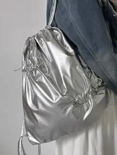 738 ナップサック Y2K ナイロン リボン リュック シルバー 韓国