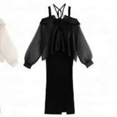 グレイル オフショルダーオーガンジーシャツXニットタンクトップアンサンブル