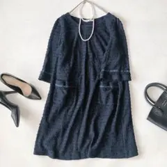 【大きいサイズ】ローズティアラ ツイード ワンピース 膝丈 ネイビー 46