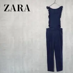 ZARA　フリルサロペット　オールインワン　ストレッチ　コットン混　ネイビー