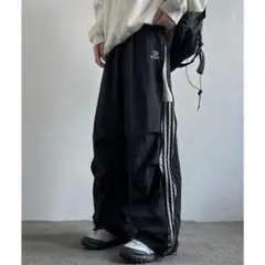 トラックパンツ ラインパンツ ゆったり ワイド イージーパンツ 2XL 黒