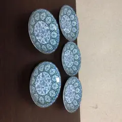 青と白の花柄丸型小皿5枚セット