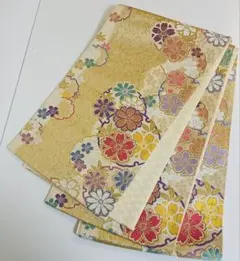 袋帯　振袖用袋帯No.158 金系　オフホワイト系　桜　雪輪　八重桜