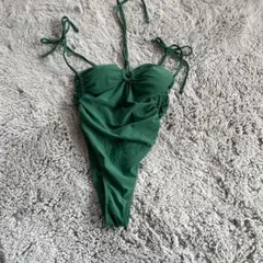 【訳あり】グリーン ワンピース水着 リボンストラップ