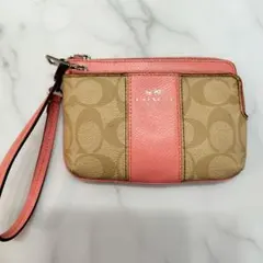COACH ロゴ入りポーチ ピンク　リストレットポーチ　ダブルジップポーチ