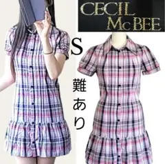 セシルマクビー　襟つき　チェック　フリル　ミニ　ワンピース　ピンク　半袖