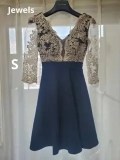 ネイビー 刺繍 ビジュー付き Aラインドレス