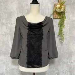 【クリアインプレッション】レースドッキングカットソー シフォン袖 グレー 黒 2