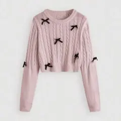 SHEIN リボン フロント ピンク ケーブルニット セーター
