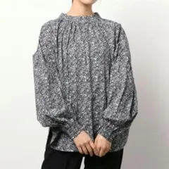 LOWRYS FARM スタンドカラーブラウス 綿100％ ブラック