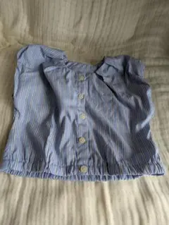 『未使用』petit mainリボン付き青白ストライプ半袖シャツ