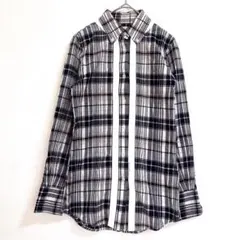 コエトムブラウン【S】コットン長袖シャツ　紺系　白ライン　カジュアル　チェック柄