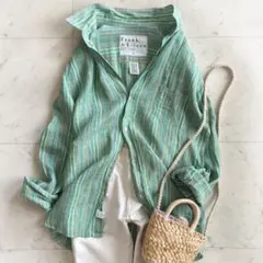 美品 フランクアンドアイリーン Lサイズ ストライプ リネン シャツ◆グリーンのサムネイル