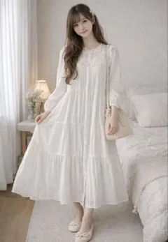 新品 ZARA レース ティアード ワンピース 白 ロング フリ S