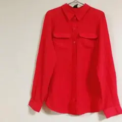 ANN TAYLOR【M】レッド シアーシャツ 長袖ブラウス シャツ