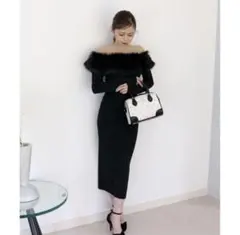 ロイヤルパーティー オフショルファー付 ニット ワンピース ドレス ブラック 黒