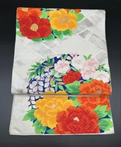 高級 正絹 袋帯 礼装 フォーマル 洒落帯　花柄　銀糸　草花　412