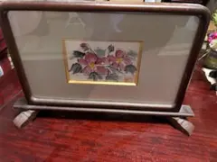 日本の水彩画 ピンクの花　仏画　額装　水彩画　額縁　日本文化のサムネイル