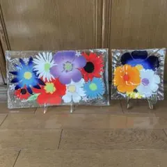 ハワイ ガラスプレート 花柄 2枚セット 飾り皿 ガラス工芸　フラワー　ガーベラ