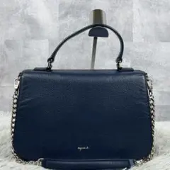美品 アニエスベー レザー 2WAY ショルダーバッグ チェーン ロゴ金具 紺