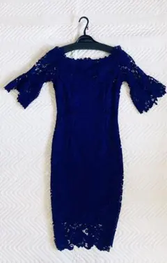 ネイビー レース オフショルダー パーティードレス 膝丈