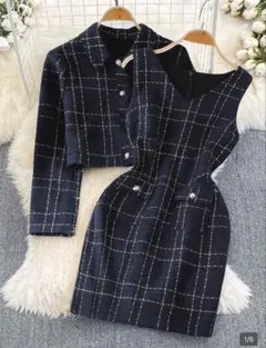 ネイビー チェック柄 ツイード セットアップ
