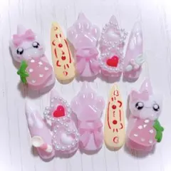 No.798　ネイルチップ 現品 量産型 地雷系 サブカル 平成女児 猫 ピンク