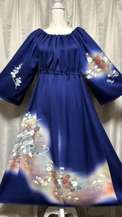 着物リメイク　Ａラインロングワンピース（正絹）リボンベルト付き