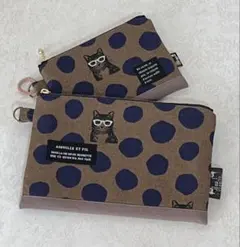フラットポーチセット　ドットと猫モチーフ　ハンドメイド