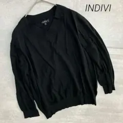 インディヴィINDIVI Vネック ニット 七分袖 シルク混 ブラック　黒
