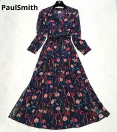 美品⭐️ポールスミス 花柄 フレア Aライン ロングワンピース リボンベルト M