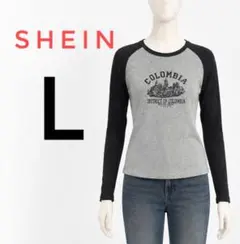 SHEIN 長袖リブカットソー ロゴプリント グレー×ブラック L
