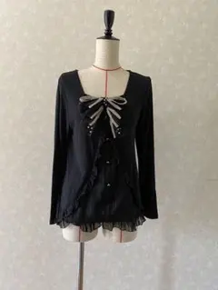 axes femme カットソー 長袖 黒 リボン レイヤード M