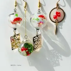 揺れる金魚鉢と蓄光金魚掬いと風鈴の和風ピアス　イヤリング(初夏コーデ4点セット)