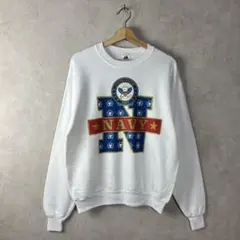 90s USA製 スウェット Lサイズ US NAVY 白 ミリタリープリント