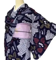 美品 綿絽浴衣 新品レース半幅帯セット 金魚柄 黒地 夏祭り 花火大会