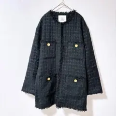 美品◇ラブティックボンボン　ノーカラー　ファンシーツイードジャケット　ウール　黒