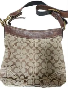 極美品 COACH コーチ シグネチャーショルダーバッグ キャンバス×レザー 茶