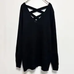 ニット セーター 無地 Vネック バッククロス 長袖 L 黒 デート 上品