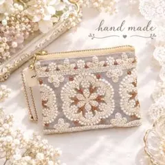再販　大きなお花のインド刺繍ポーチ　両面インド刺繍　ハンドメイド　メッシュポーチ