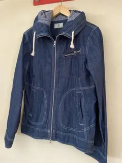 grn ジーアールエヌ 濃紺ヒッコリー柄デニムフード付きジップアップパーカー M