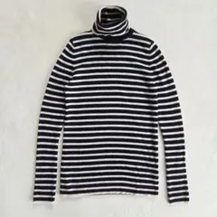 ユニクロ ネイビー/ホワイト ストライプ タートルネック ニットセーター