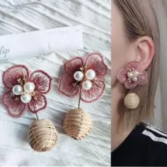 1118＊２way ローズピンク 刺繍フラワー ラタンボール