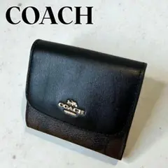 【美品】COACH コーチ　シグネチャー柄三つ折り財布 ブラックのサムネイル