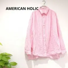 美品★アメホリ　ストライプシャツ　長袖　M ピンク　薄手 シンプル　コットン
