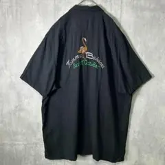シルク 総柄 バック刺繍 アロハシャツ オープンカラー 黒 ビッグシルエット