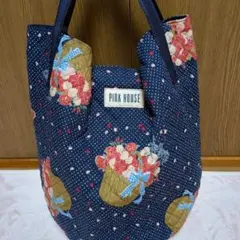 美品 ピンクハウス 薔薇カゴリボン ハート花びらのバケツ型トートバッグ 紺色