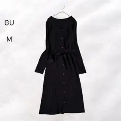 GU リブフロントボタンニットワンピース 上品 きれいめ 長袖 黒ワンピ M
